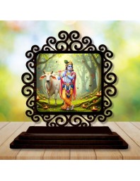 Car Desk/Table Top Lord Krishna Wooden Showpiece 3x4 Inches, Compact & Stylish Spiritual Display for Car, Home & Office (Pack of 1) (F19793)