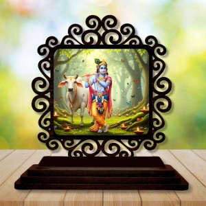 Car Desk/Table Top Lord Krishna Wooden Showpiece 3x4 Inches, Compact & Stylish Spiritual Display for Car, Home & Office (Pack of 1) (F19793)