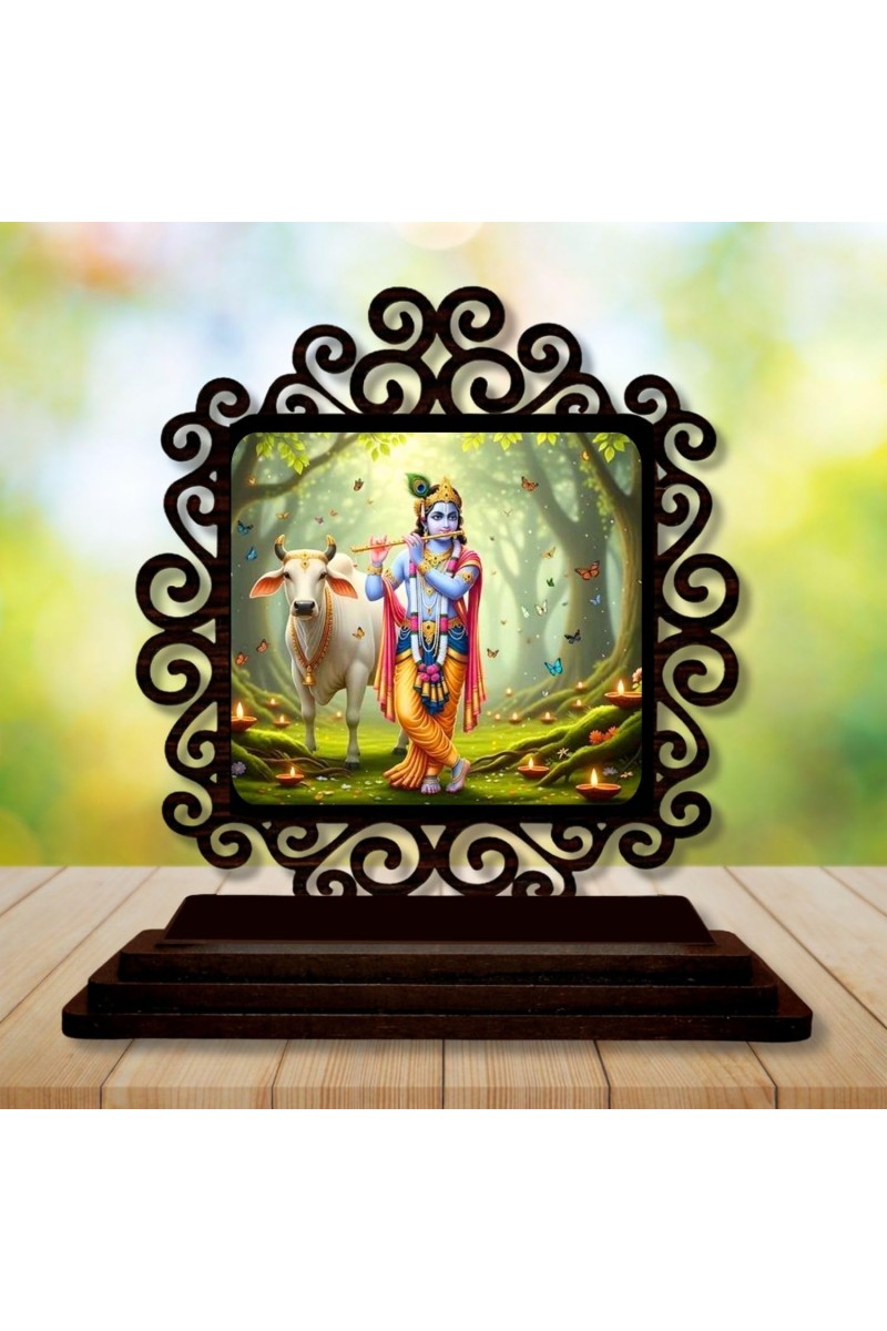 Car Desk/Table Top Lord Krishna Wooden Showpiece 3x4 Inches, Compact & Stylish Spiritual Display for Car, Home & Office (Pack of 1) (F19793)