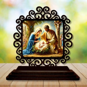 Car Desk/Table Top Jesus and Merry Wooden Showpiece 3x4 Inches, Compact & Stylish Spiritual Display for Car, Home & Office (Pack of 1) (F20021)