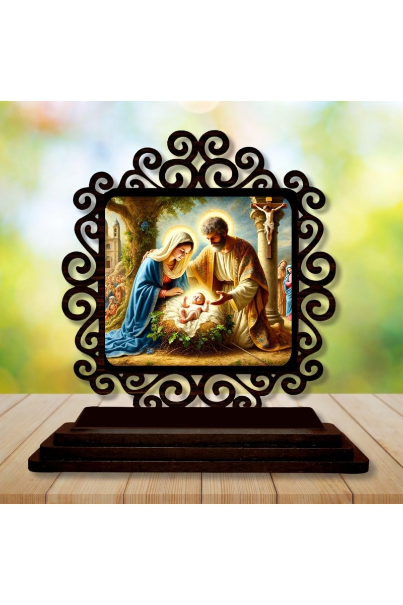 Car Desk/Table Top Jesus and Merry Wooden Showpiece 3x4 Inches, Compact & Stylish Spiritual Display for Car, Home & Office (Pack of 1) (F20021)