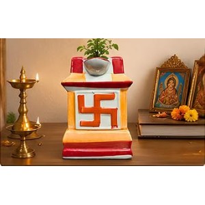 Handcrafted Ceramic Swastik Tulsi Mandir | Traditional Hindu Auspicious Symbol for Home Temple | Decorative Pooja Decor for Diwali, Navratri & Religious | Orange| Packed in a Premium Wooden Box