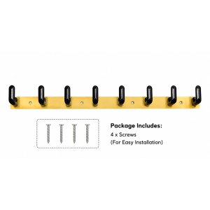 8 Hook Wall Mounted Coat & Towel Hanger Rack | Stainless Steel Heavy Duty Multipurpose Hook Rail | Bathroom, Kitchen, Bedroom & Entryway Organizer | Includes 4 Mounting Screws | Gold & Black