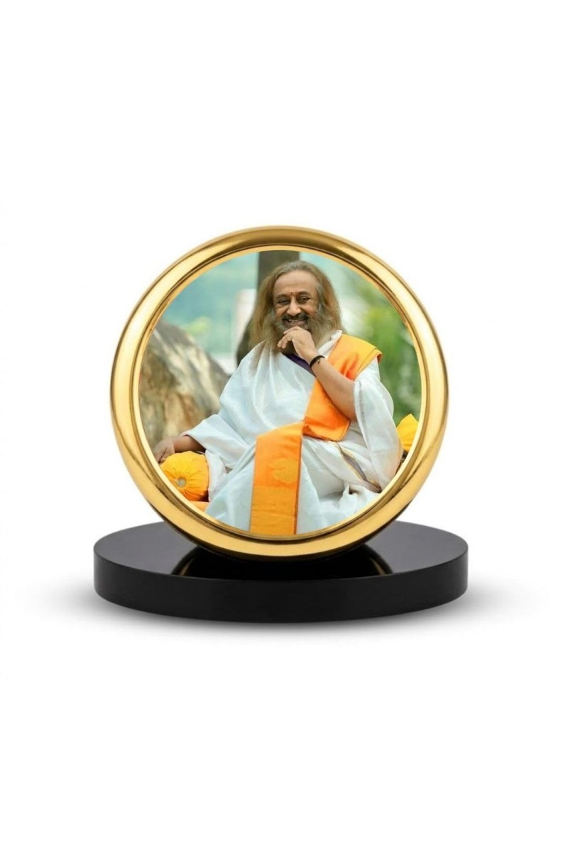 Car Dashboard/Table Top Sri Sri Ravi Shankar Metal Golden Photo Stand 2x2 Inches, Compact & Stylish Spiritual Display For Car, Home & Office (Pack Of 1) (F24599)