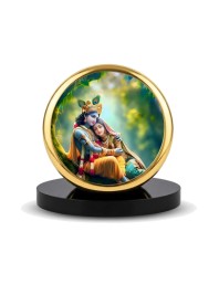 Car Dashboard/Table Top Radhaa Krishna Metal Golden Photo Stand 2x2 Inches, Compact & Stylish Spiritual Display For Car, Home & Office (Pack Of 1) (F24809)
