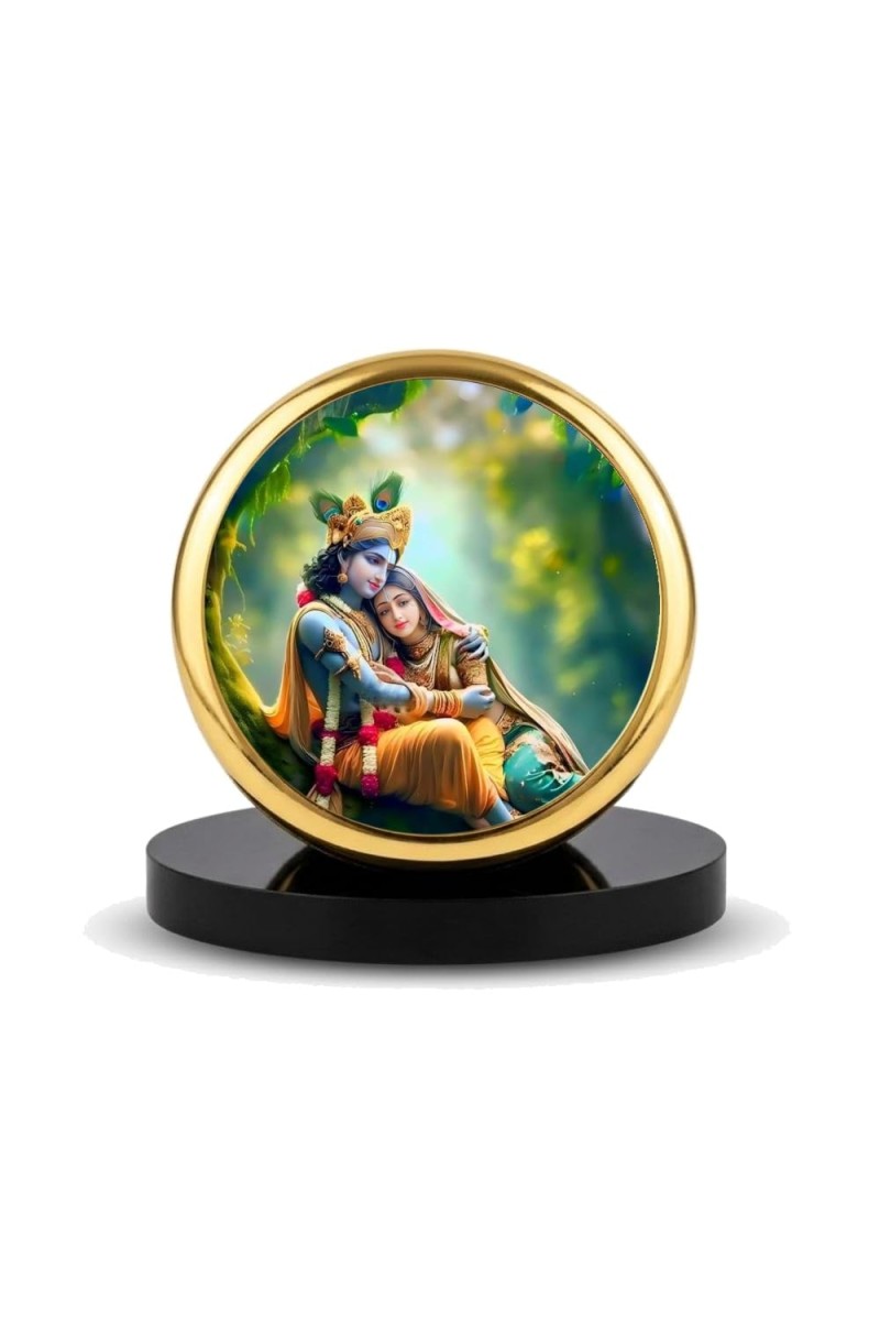 Car Dashboard/Table Top Radhaa Krishna Metal Golden Photo Stand 2x2 Inches, Compact & Stylish Spiritual Display For Car, Home & Office (Pack Of 1) (F24809)