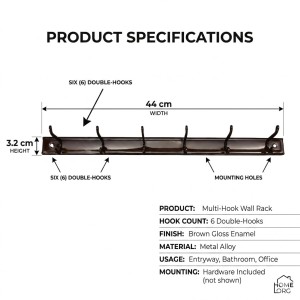 Wall Mounted Clothes Hanger Rack with 6 Hooks | Heavy Duty Metal Wall Hanger for Clothes, Towels, Bags, Keys & Accessories | Space Saving Wall Organizer for Home, Bedroom, Bathroom & Office