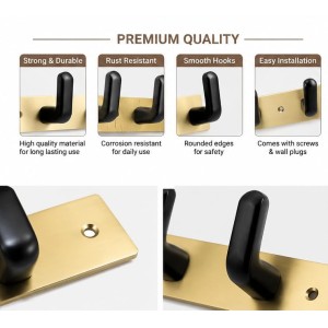 8 Hook Wall Mounted Coat & Towel Hanger Rack | Stainless Steel Heavy Duty Multipurpose Hook Rail | Bathroom, Kitchen, Bedroom & Entryway Organizer | Includes 4 Mounting Screws | Gold & Black