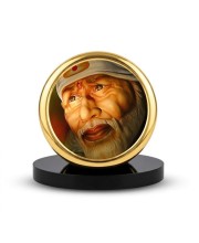 Car Dashboard/Table Top Shirdi Sai Baba Metal Golden Photo Stand 2x2 Inches, Compact & Stylish Spiritual Display For Car, Home & Office (Pack Of 1) (F24509)