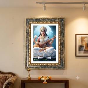 Goddess Saraswati Decorative Photo Frame With White Mount | Premium Wall & Tabletop Picture Frame | Home, Office & Temple Decoration | 10x14 Inch (Pack Of 1) (F31155)