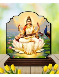 Car Dashboard/Table Top Goddess Saraswathi Wooden Rectangle Photo Stand 3x4 Inches, Compact & Stylish Spiritual Display for Car, Home & Office (Pack of 1) (F22312)