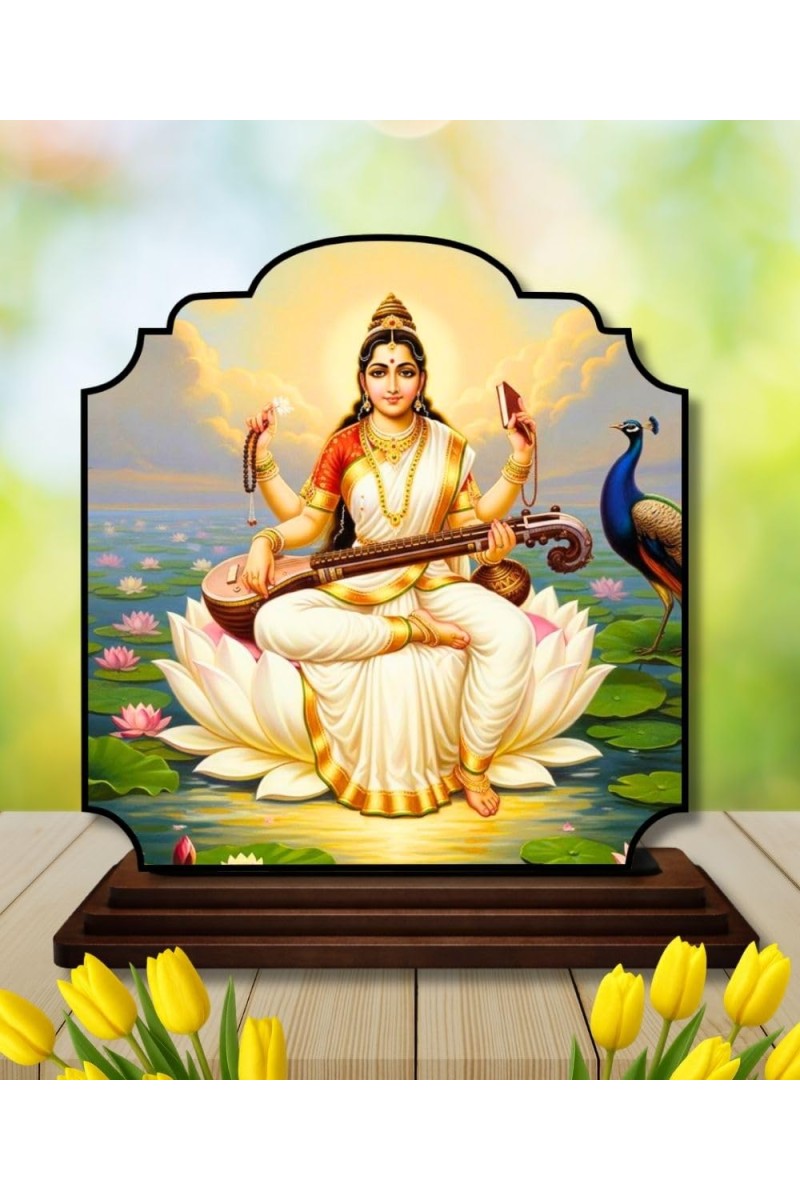 Car Dashboard/Table Top Goddess Saraswathi Wooden Rectangle Photo Stand 3x4 Inches, Compact & Stylish Spiritual Display for Car, Home & Office (Pack of 1) (F22312)
