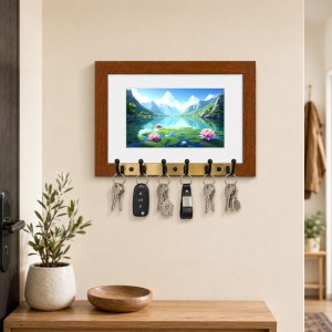 Decorative Wooden Photo Frame Key Hanger With Nature Picture, 12 X 8 Inch Wall Key Holder, 10 X 6 Inch Glossy Photo Frame, 6 Metal Hooks, Home Entrance Decor, Made In India (F38851)