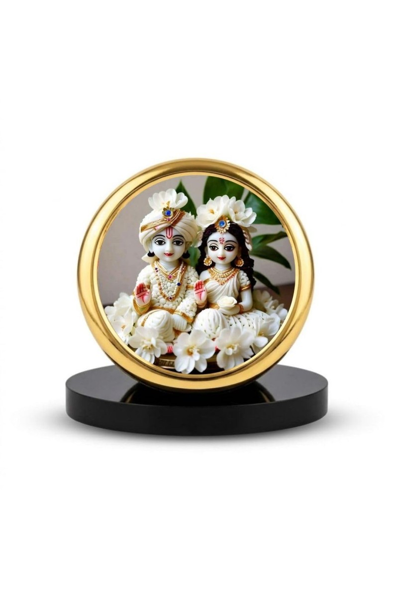 Car Dashboard/Table Top Radhaa Krishna Metal Golden Photo Stand 2x2 Inches, Compact & Stylish Spiritual Display For Car, Home & Office (Pack Of 1) (F24686)