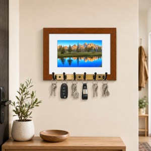 Decorative Wooden Photo Frame Key Hanger With Nature Picture, 12 X 8 Inch Wall Key Holder, 10 X 6 Inch Glossy Photo Frame, 6 Metal Hooks, Home Entrance Decor, Made In India (F38659)