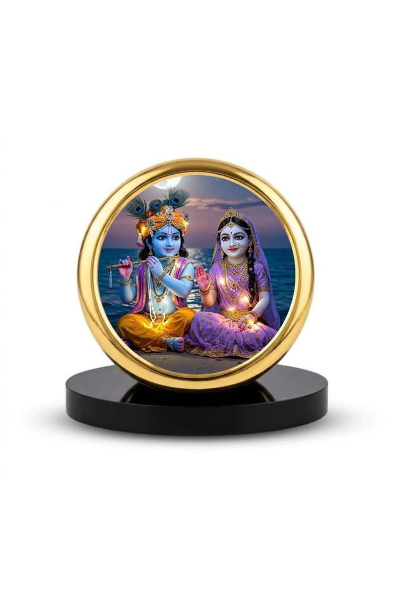 Car Dashboard/Table Top Radhaa Krishna Metal Golden Photo Stand 2x2 Inches, Compact & Stylish Spiritual Display For Car, Home & Office (Pack Of 1) (F24689)