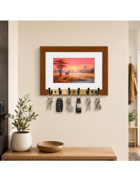 Decorative Wooden Photo Frame Key Hanger With Nature Picture, 12 X 8 Inch Wall Key Holder, 10 X 6 Inch Glossy Photo Frame, 6 Metal Hooks, Home Entrance Decor, Made In India (F38668)