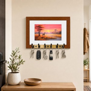 Decorative Wooden Photo Frame Key Hanger With Nature Picture, 12 X 8 Inch Wall Key Holder, 10 X 6 Inch Glossy Photo Frame, 6 Metal Hooks, Home Entrance Decor, Made In India (F38668)