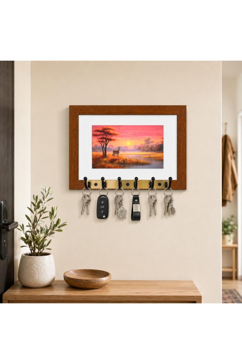 Decorative Wooden Photo Frame Key Hanger With Nature Picture, 12 X 8 Inch Wall Key Holder, 10 X 6 Inch Glossy Photo Frame, 6 Metal Hooks, Home Entrance Decor, Made In India (F38668)