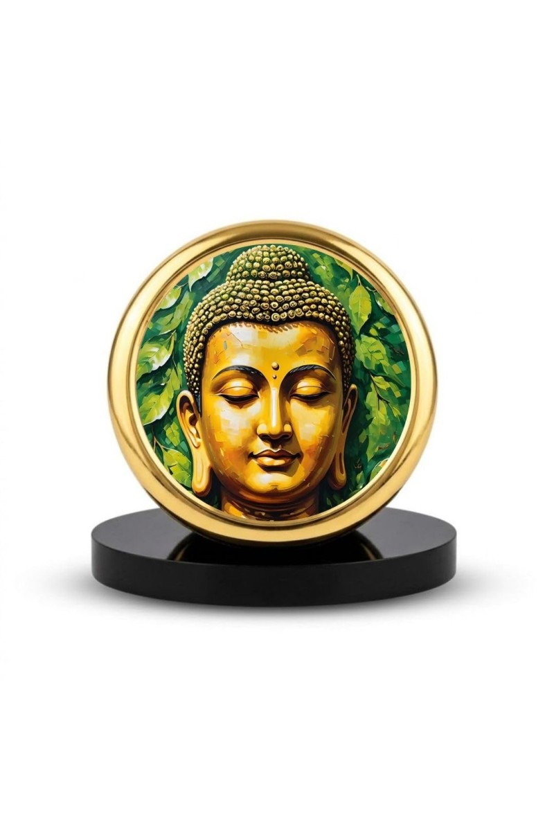 Car Dashboard/Table Top Gautam Buddha Metal Golden Photo Stand 2x2 Inches, Compact & Stylish Spiritual Display For Car, Home & Office (Pack Of 1) (F24629)