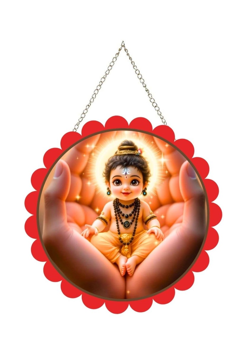 Bal Mahadev Wall Hanging Photo Frame | 8 Inch Round Floral Design With Golden Hanging Chain | Decorative Religious Wall Decor For Home, Office, Temple & Pooja Room (F21971)