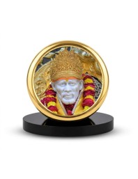 Car Dashboard/Table Top Sai Baba Metal Golden Photo Stand 2x2 Inches, Compact & Stylish Spiritual Display For Car, Home & Office (Pack Of 1) (F24600)