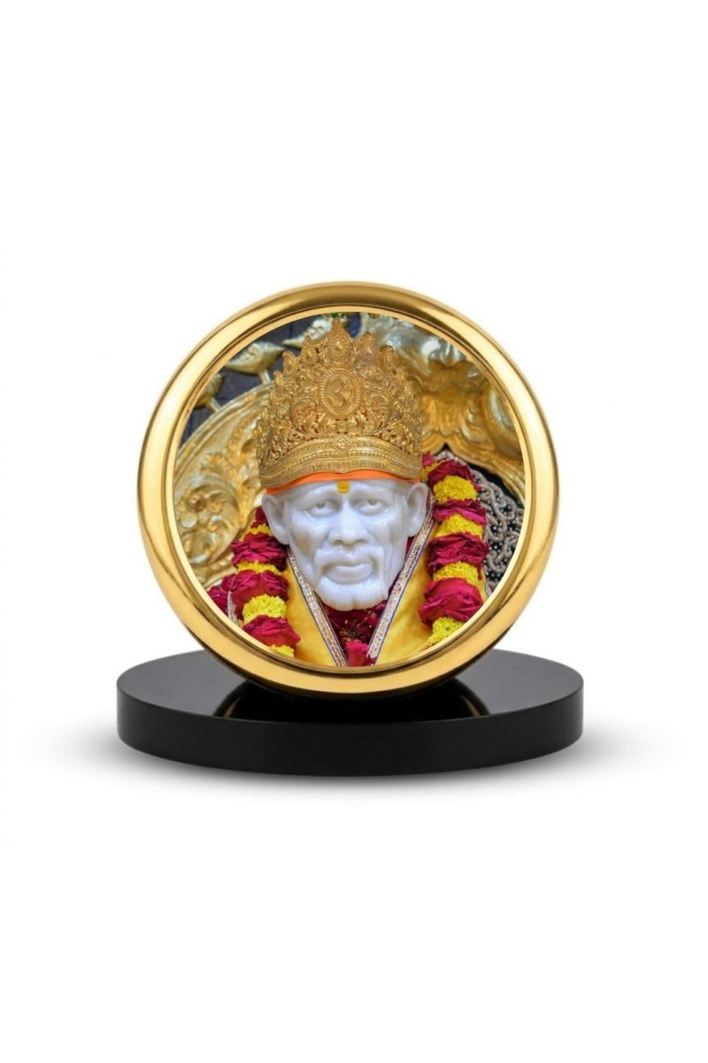 Car Dashboard/Table Top Sai Baba Metal Golden Photo Stand 2x2 Inches, Compact & Stylish Spiritual Display For Car, Home & Office (Pack Of 1) (F24600)