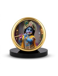 Car Dashboard/Table Top Lord Krishna Metal Golden Photo Stand 2x2 Inches, Compact & Stylish Spiritual Display For Car, Home & Office (Pack Of 1) (F24798)