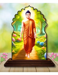 Car Dashboard/Table Top Serene Buddha Wooden Temple Photo Stand 3x4 Inches, Compact & Stylish Spiritual Display for Car, Home & Office (Pack of 1) (F22570)