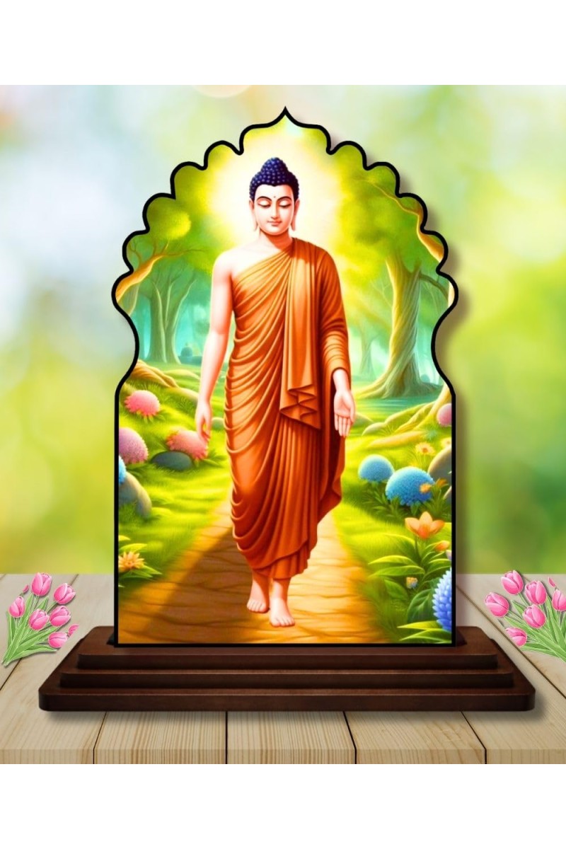 Car Dashboard/Table Top Serene Buddha Wooden Temple Photo Stand 3x4 Inches, Compact & Stylish Spiritual Display for Car, Home & Office (Pack of 1) (F22570)