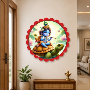 Lord Krishna Wall Hanging Photo Frame | 8 Inch Round Floral Design With Golden Hanging Chain | Decorative Religious Wall Decor For Home, Office, Temple & Pooja Room (F22069)