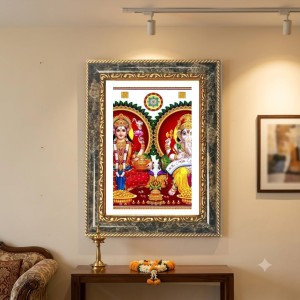 Lakshmi And Ganeshaa Decorative Photo Frame With White Mount | Premium Wall & Tabletop Picture Frame | Home, Office & Temple Decoration | 8x12 Inch (Pack Of 1) (F33115)