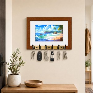 Decorative Wooden Photo Frame Key Hanger With Nature Picture, 12 X 8 Inch Wall Key Holder, 10 X 6 Inch Glossy Photo Frame, 6 Metal Hooks, Home Entrance Decor, Made In India (F38790)