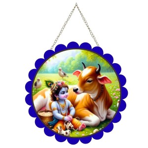 Lord Krishna Wall Hanging Photo Frame | 8 Inch Round Floral Design With Golden Hanging Chain | Decorative Religious Wall Decor For Home, Office, Temple & Pooja Room (F22712)