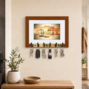 Decorative Wooden Photo Frame Key Hanger With Nature Picture, 12 X 8 Inch Wall Key Holder, 10 X 6 Inch Glossy Photo Frame, 6 Metal Hooks, Home Entrance Decor, Made In India (F38731)