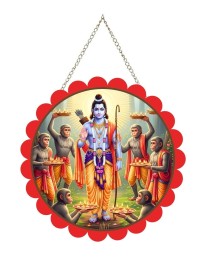 Lord Rama With Vanara Sena Wall Hanging Photo Frame | 8 Inch Round Floral Design With Golden Hanging Chain | Decorative Religious Wall Decor For Home, Office, Temple & Pooja Room (F22024)