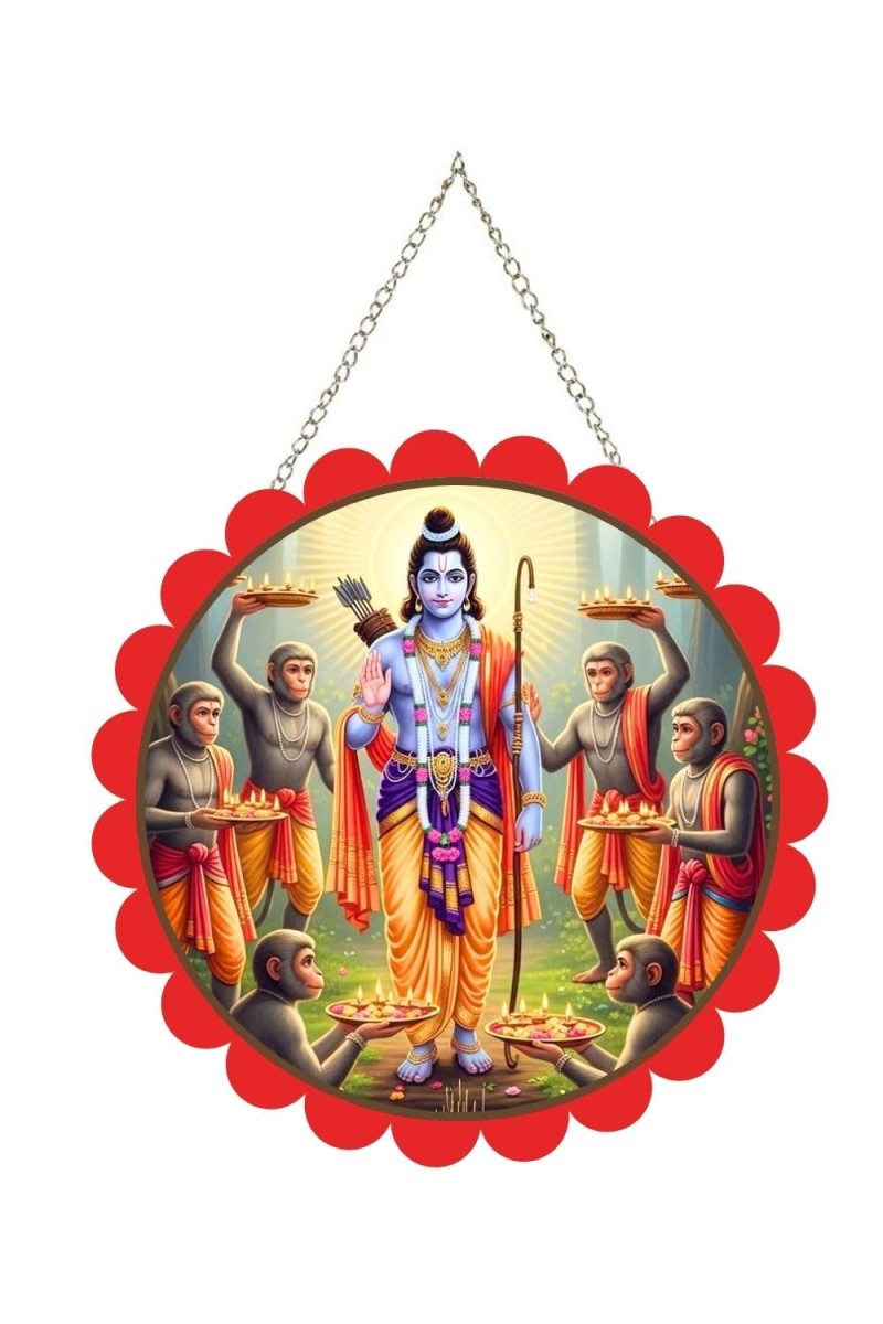 Lord Rama With Vanara Sena Wall Hanging Photo Frame | 8 Inch Round Floral Design With Golden Hanging Chain | Decorative Religious Wall Decor For Home, Office, Temple & Pooja Room (F22024)