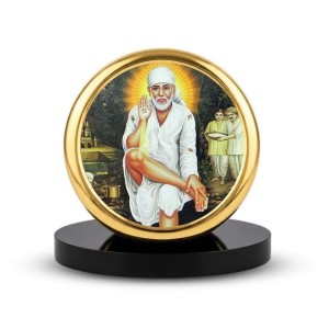 Car Dashboard/Table Top Sai Baba Metal Golden Photo Stand 2x2 Inches, Compact & Stylish Spiritual Display For Car, Home & Office (Pack Of 1) (F24601)