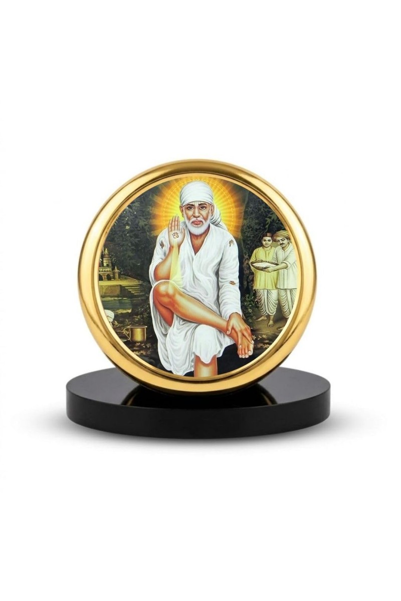 Car Dashboard/Table Top Sai Baba Metal Golden Photo Stand 2x2 Inches, Compact & Stylish Spiritual Display For Car, Home & Office (Pack Of 1) (F24601)