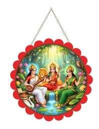 Lakshmi And Saraswathi And Parvathi Wall Hanging Photo Frame | 8 Inch Round Floral Design With Golden Hanging Chain | Decorative Religious Wall Decor For Home, Office, Temple & Pooja Room (F22036)