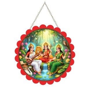 Lakshmi And Saraswathi And Parvathi Wall Hanging Photo Frame | 8 Inch Round Floral Design With Golden Hanging Chain | Decorative Religious Wall Decor For Home, Office, Temple & Pooja Room (F22036)