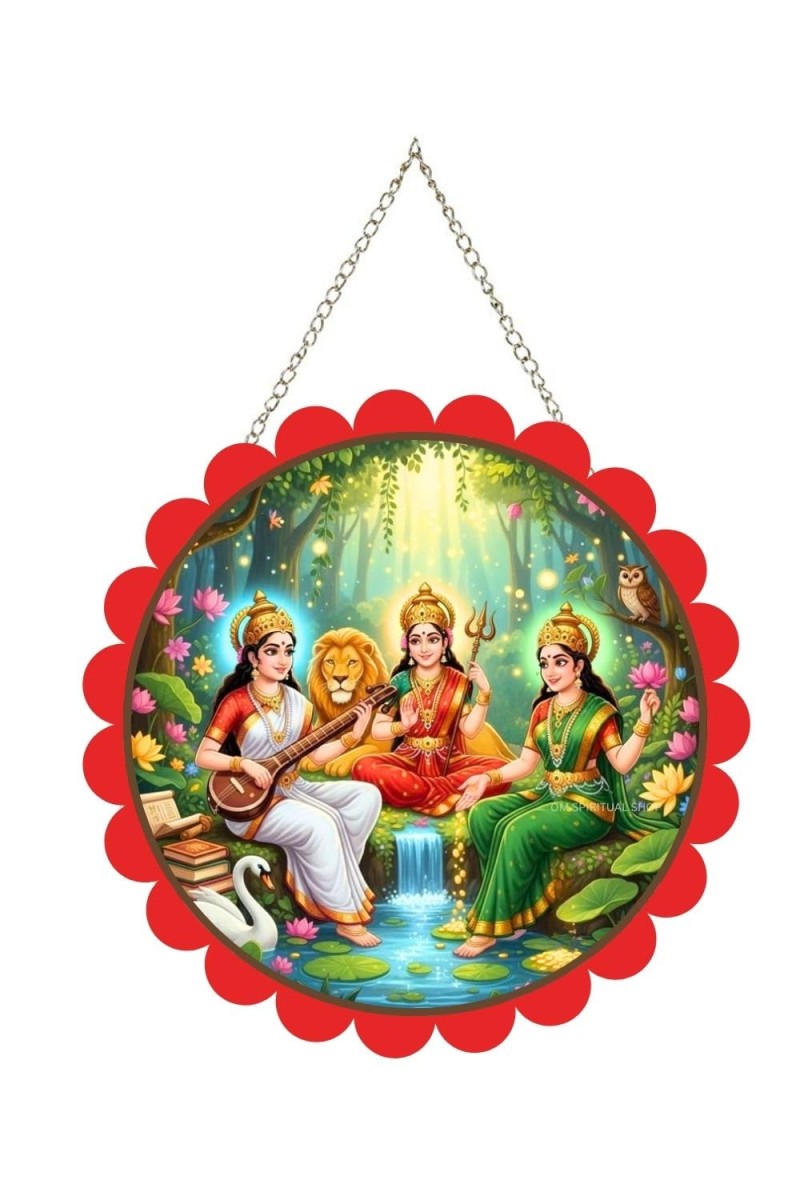 Lakshmi And Saraswathi And Parvathi Wall Hanging Photo Frame | 8 Inch Round Floral Design With Golden Hanging Chain | Decorative Religious Wall Decor For Home, Office, Temple & Pooja Room (F22036)