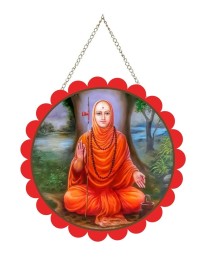 Shree Narasimha Saraswati Swami Wall Hanging Photo Frame | 8 Inch Round Floral Design With Golden Hanging Chain | Decorative Religious Wall Decor For Home, Office, Temple & Pooja Room (F21872)