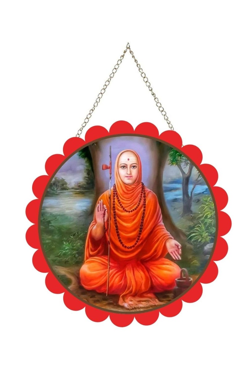Shree Narasimha Saraswati Swami Wall Hanging Photo Frame | 8 Inch Round Floral Design With Golden Hanging Chain | Decorative Religious Wall Decor For Home, Office, Temple & Pooja Room (F21872)