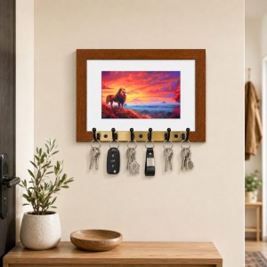 Decorative Wooden Photo Frame Key Hanger With Nature Picture, 12 X 8 Inch Wall Key Holder, 10 X 6 Inch Glossy Photo Frame, 6 Metal Hooks, Home Entrance Decor, Made In India (F38636)