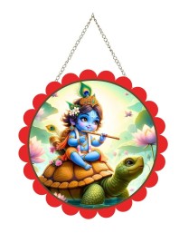 Lord Krishna Wall Hanging Photo Frame | 8 Inch Round Floral Design With Golden Hanging Chain | Decorative Religious Wall Decor For Home, Office, Temple & Pooja Room (F22069)
