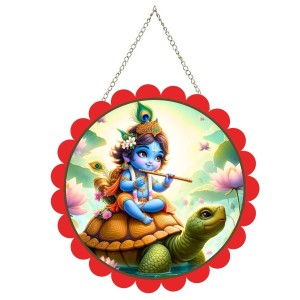 Lord Krishna Wall Hanging Photo Frame | 8 Inch Round Floral Design With Golden Hanging Chain | Decorative Religious Wall Decor For Home, Office, Temple & Pooja Room (F22069)