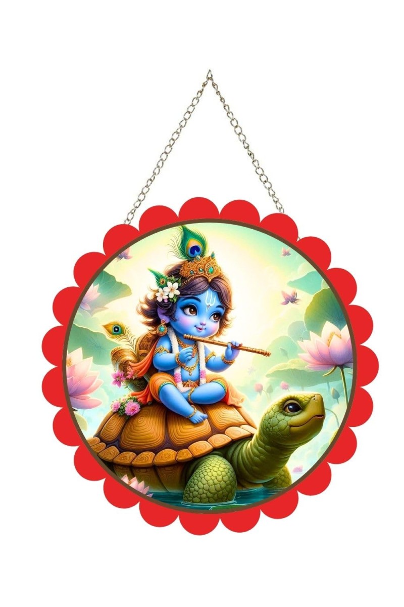 Lord Krishna Wall Hanging Photo Frame | 8 Inch Round Floral Design With Golden Hanging Chain | Decorative Religious Wall Decor For Home, Office, Temple & Pooja Room (F22069)