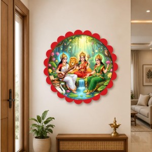 Lakshmi And Saraswathi And Parvathi Wall Hanging Photo Frame | 8 Inch Round Floral Design With Golden Hanging Chain | Decorative Religious Wall Decor For Home, Office, Temple & Pooja Room (F22036)