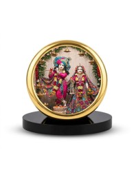 Car Dashboard/Table Top Radhaa And Krishna Metal Golden Photo Stand 2x2 Inches, Compact & Stylish Spiritual Display For Car, Home & Office (Pack Of 1) (F24742)